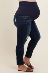 Navy Blue Distressed Crop Skinny Maternity Plus Jeans
