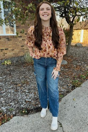 Rose Bud Multi Floral Tie Neck Smocked Sleeve Top