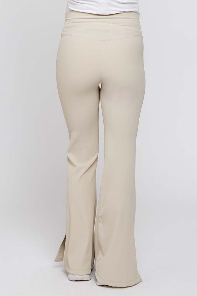 Beige V-Waist Ribbed Bootcut Maternity Leggings