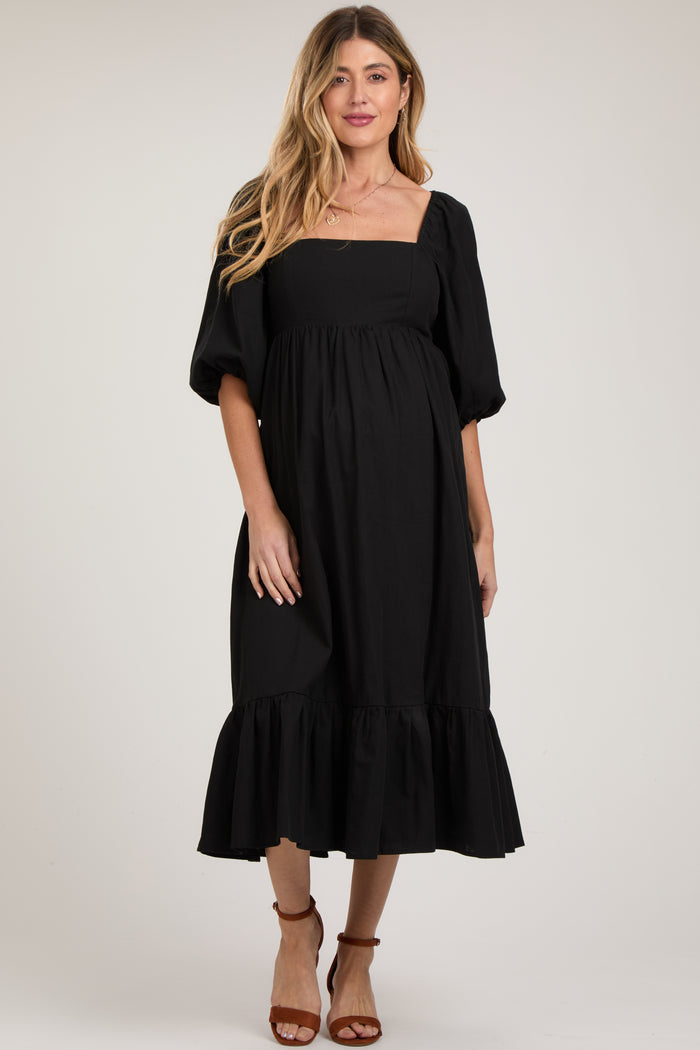 Black Square Neck Puff Sleeve Maternity Midi Dress