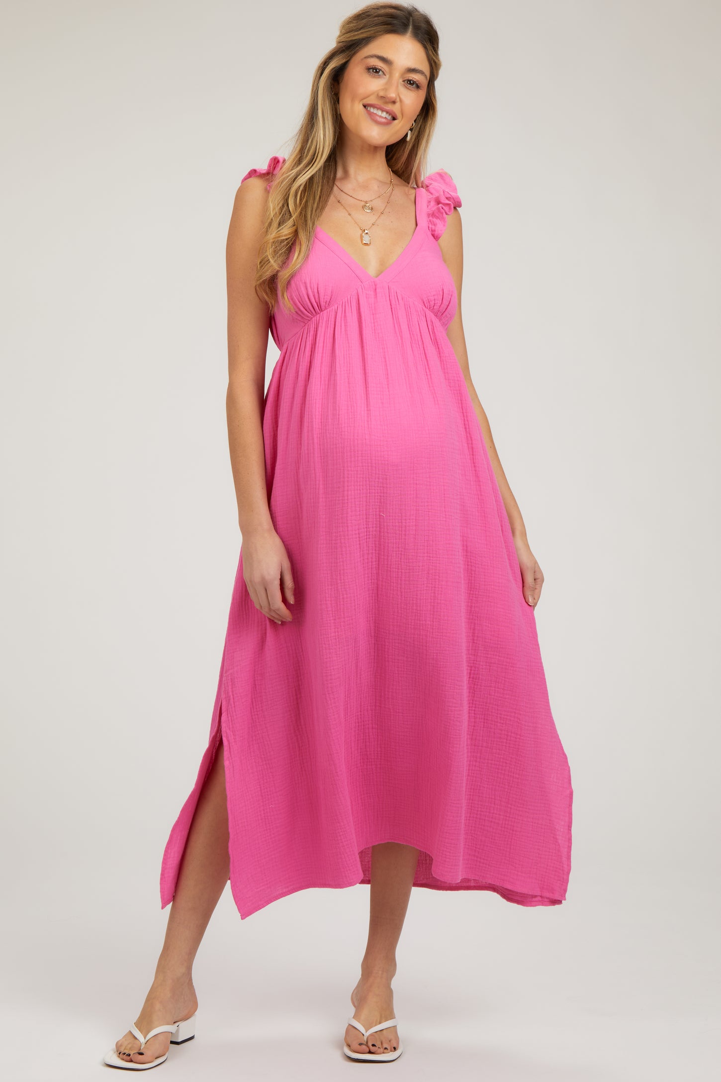 Pink Ruffle Strap Maternity Midi Dress