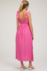Pink Ruffle Strap Maternity Midi Dress