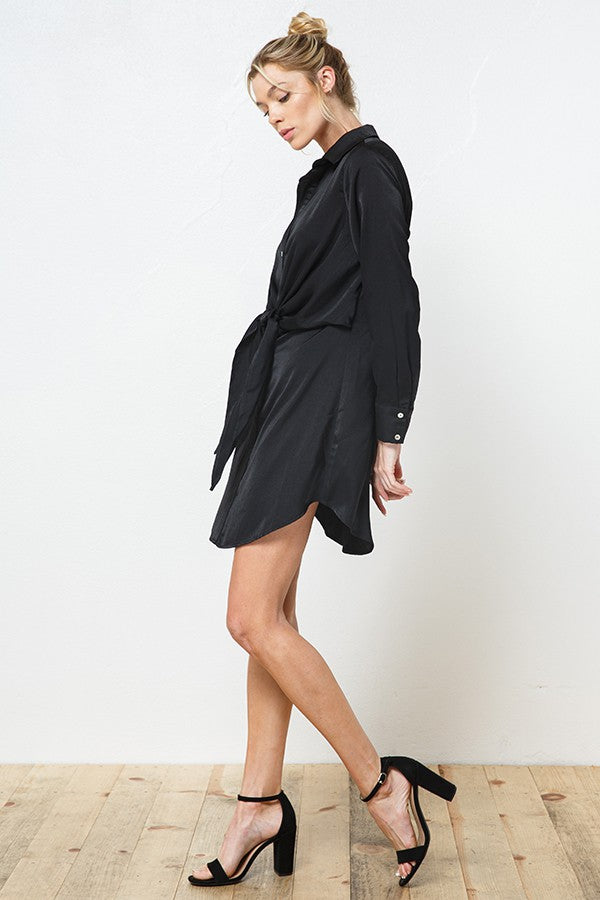 Black Satin Front Tie Shirt Dress