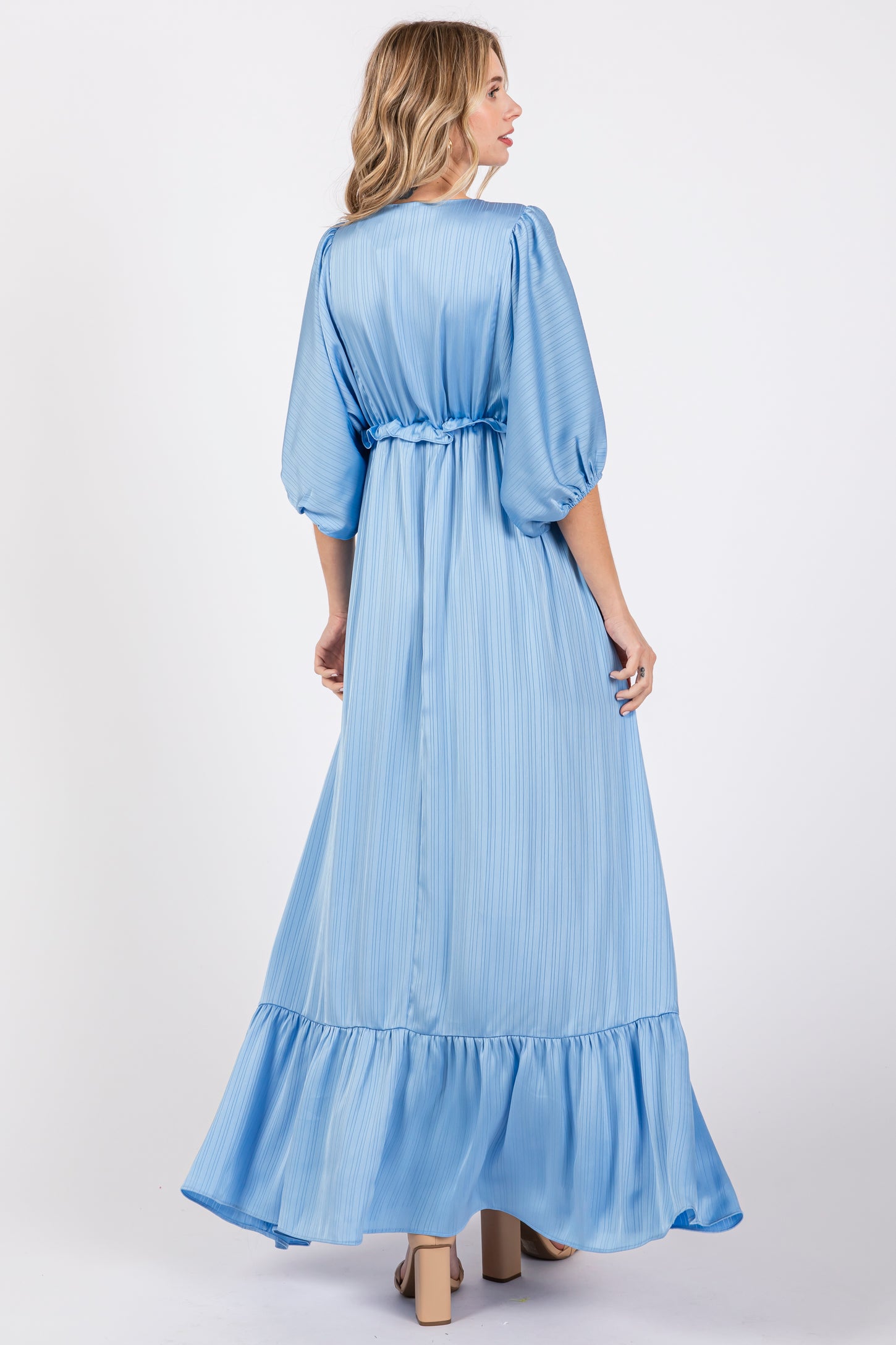 Light Blue Striped Ruffle Accent Maxi Dress