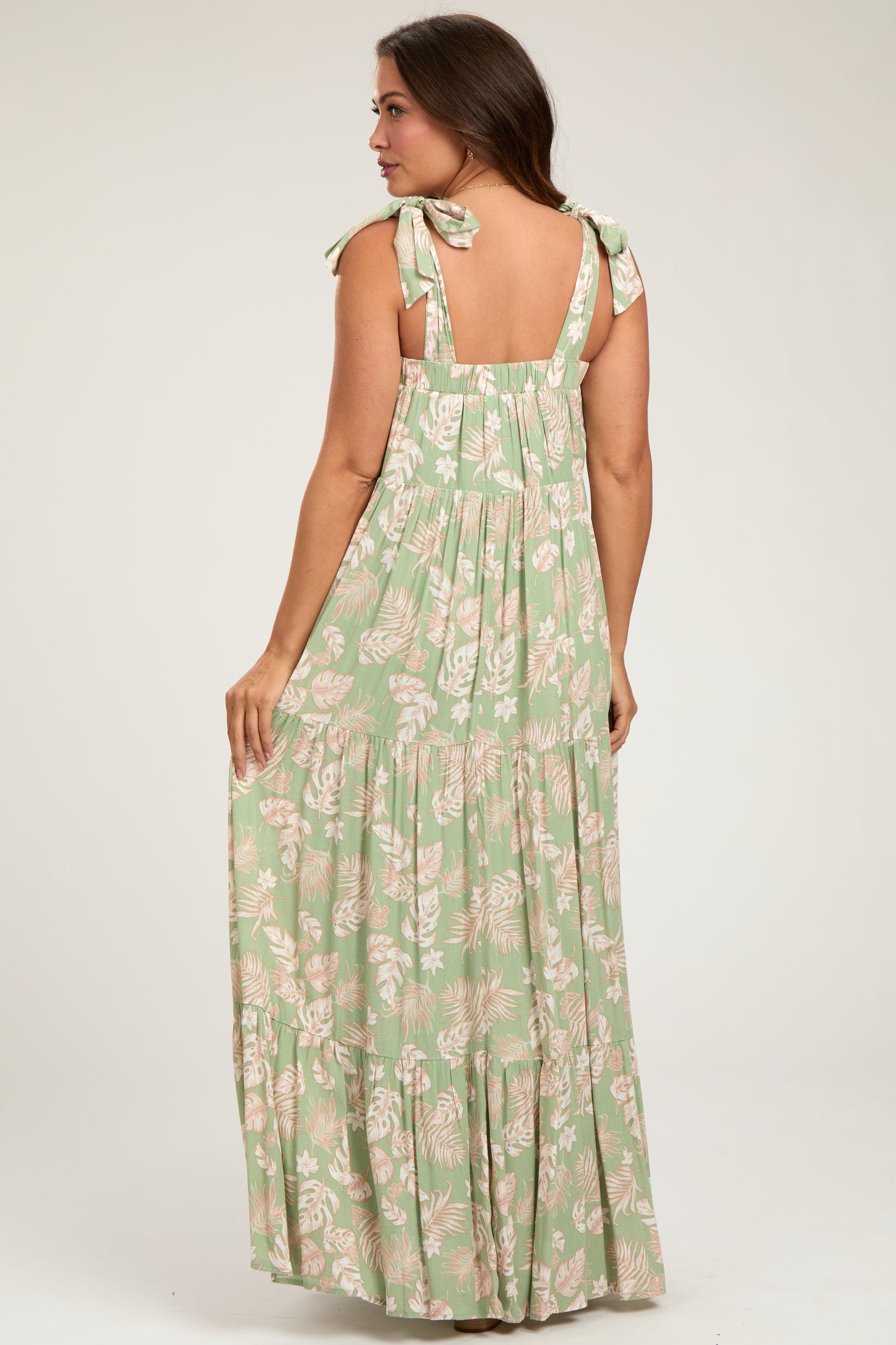 Light Olive Leaf Printed Square Neckline Tie Strap Tiered Maternity Maxi Dress