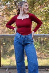 Red Ribbed Knit Notched V Neck Top