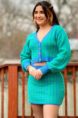 Green Blue Knit Top And Skirts Set