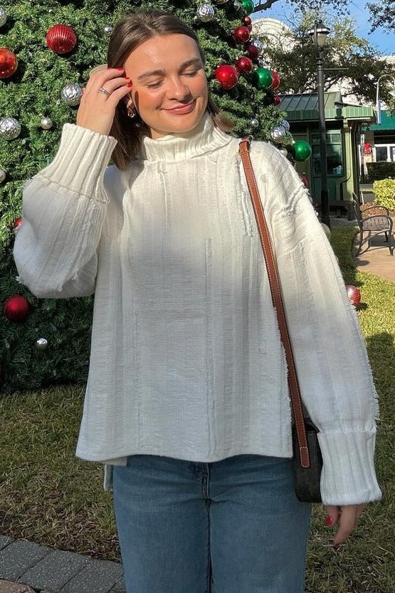 Cream Textured Knit Turtleneck Sweater