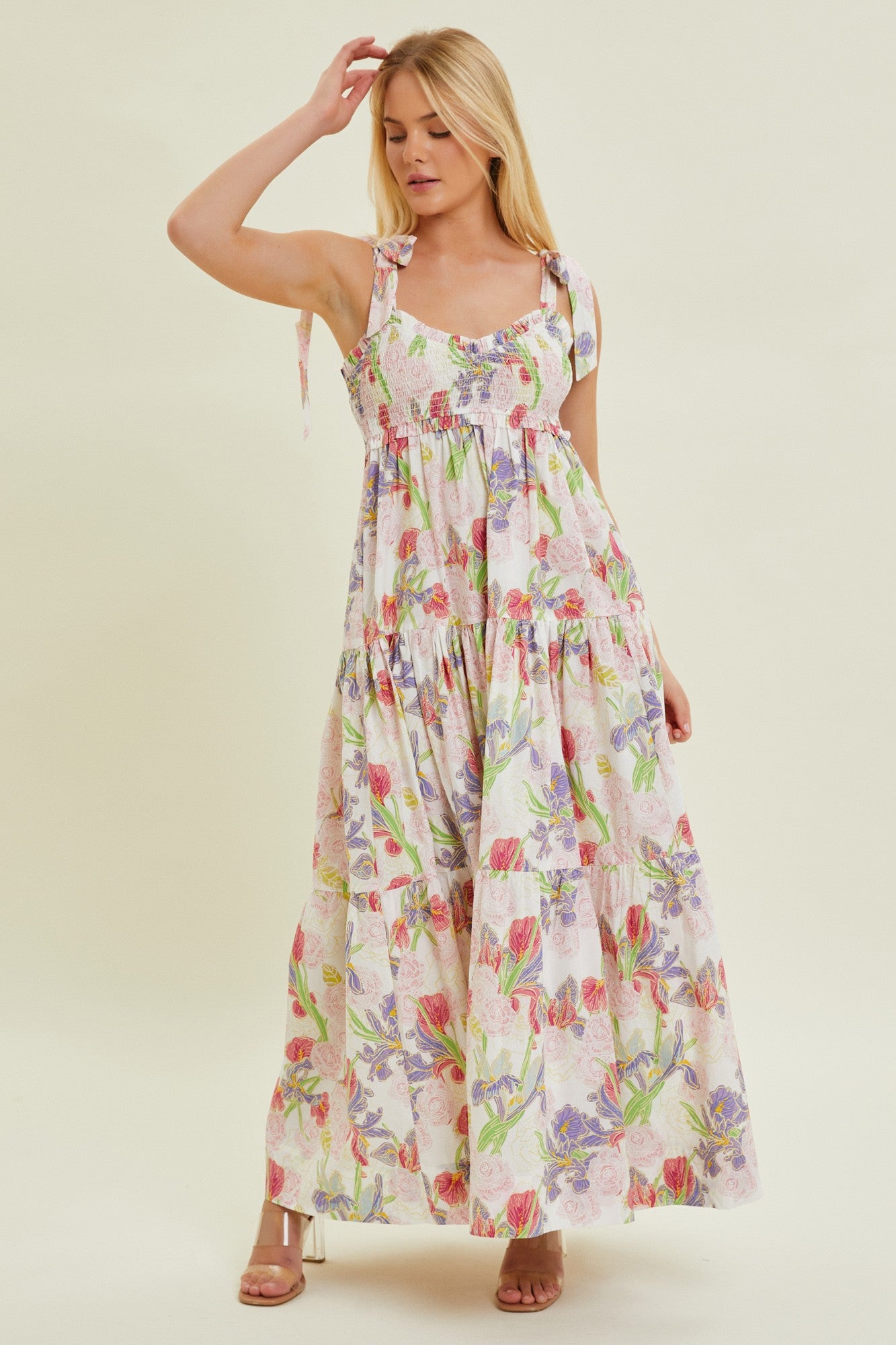 Ivory Multi-Color Floral Smocked Tiered Maternity Maxi Dress