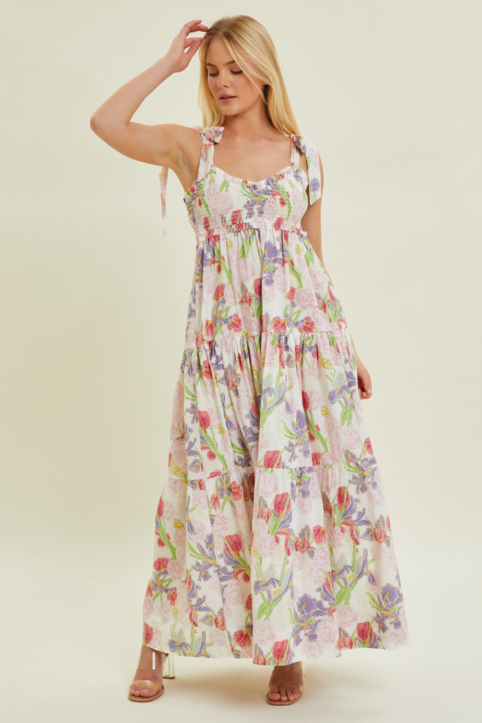 Ivory Multi-Color Floral Smocked Tiered Maternity Maxi Dress