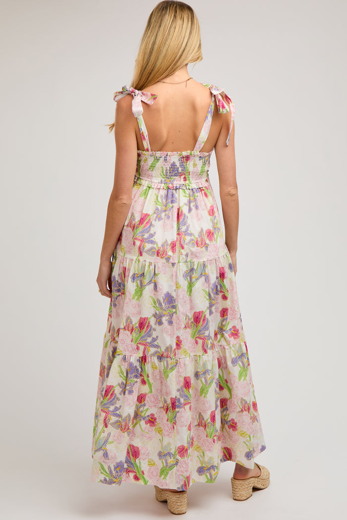 Ivory Multi-Color Floral Smocked Tiered Maternity Maxi Dress