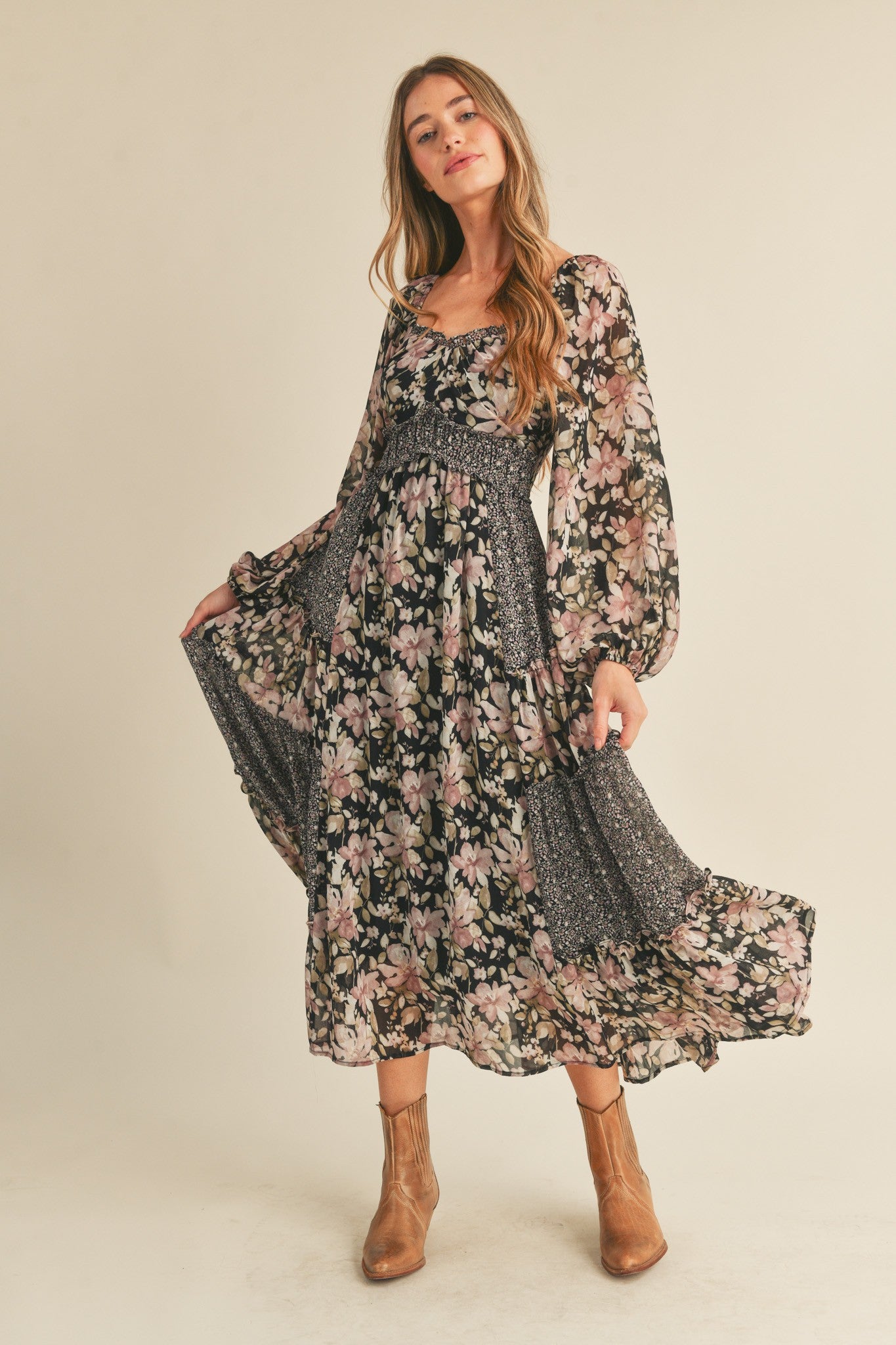 Black Floral Mixed Patchwork Print Ruffle Trim Midi Dress