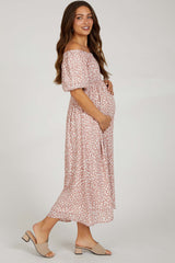 Mauve Printed Puff Short Sleeve Maternity Midi Dress
