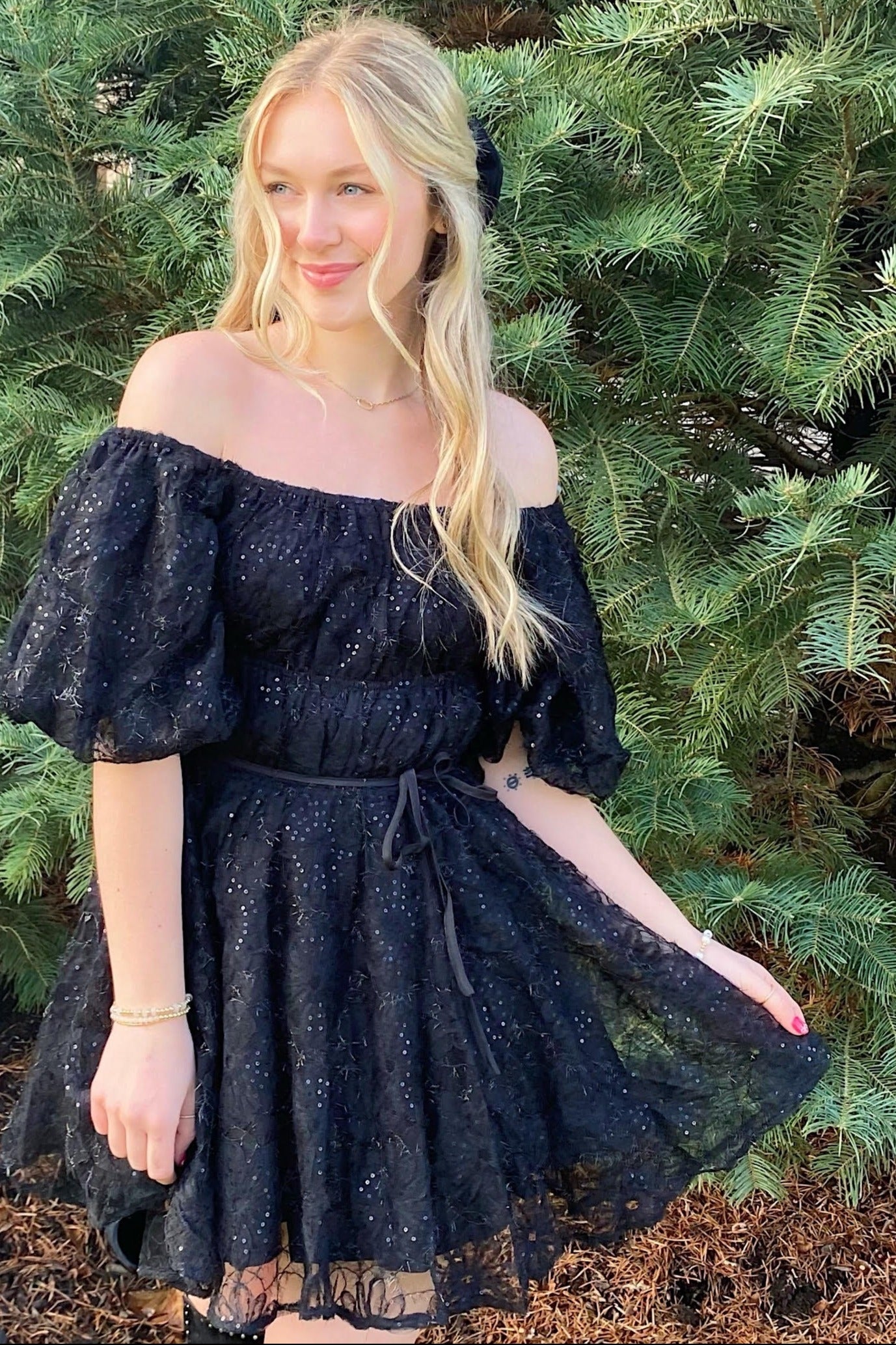 Black Sequined Lace Flared Mini Dress