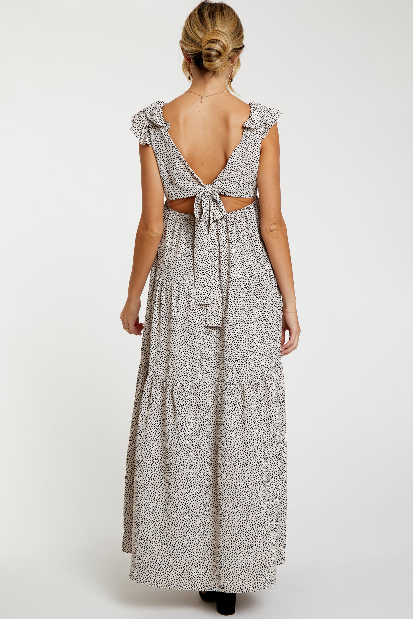 Taupe Printed Tiered Cutout Back Maternity Maxi Dress