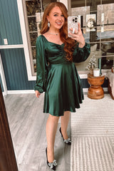 Deep Green Cinched Long Sleeve Satin Dress
