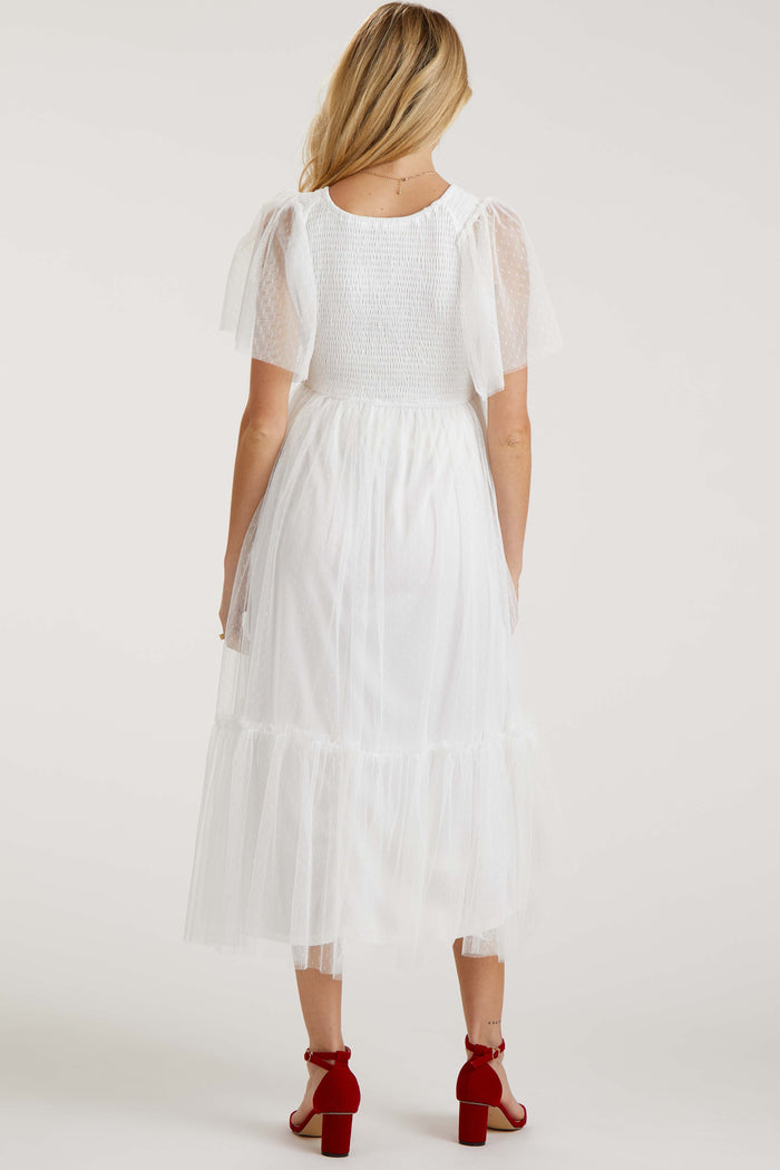 White Dotted Tulle Smocked Maternity Midi Dress