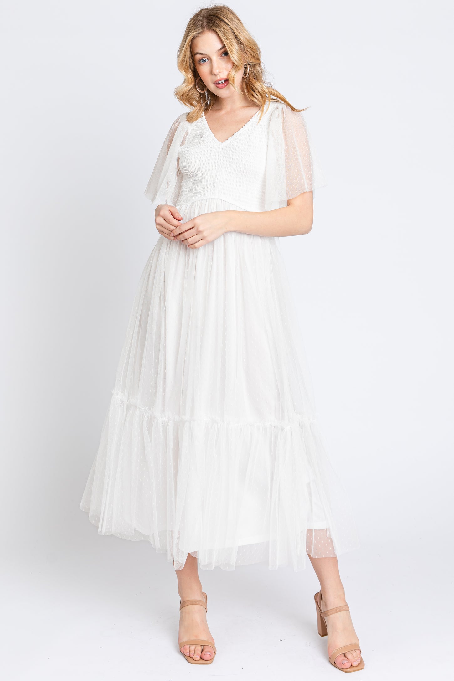 White Dotted Tulle Smocked Maternity Midi Dress