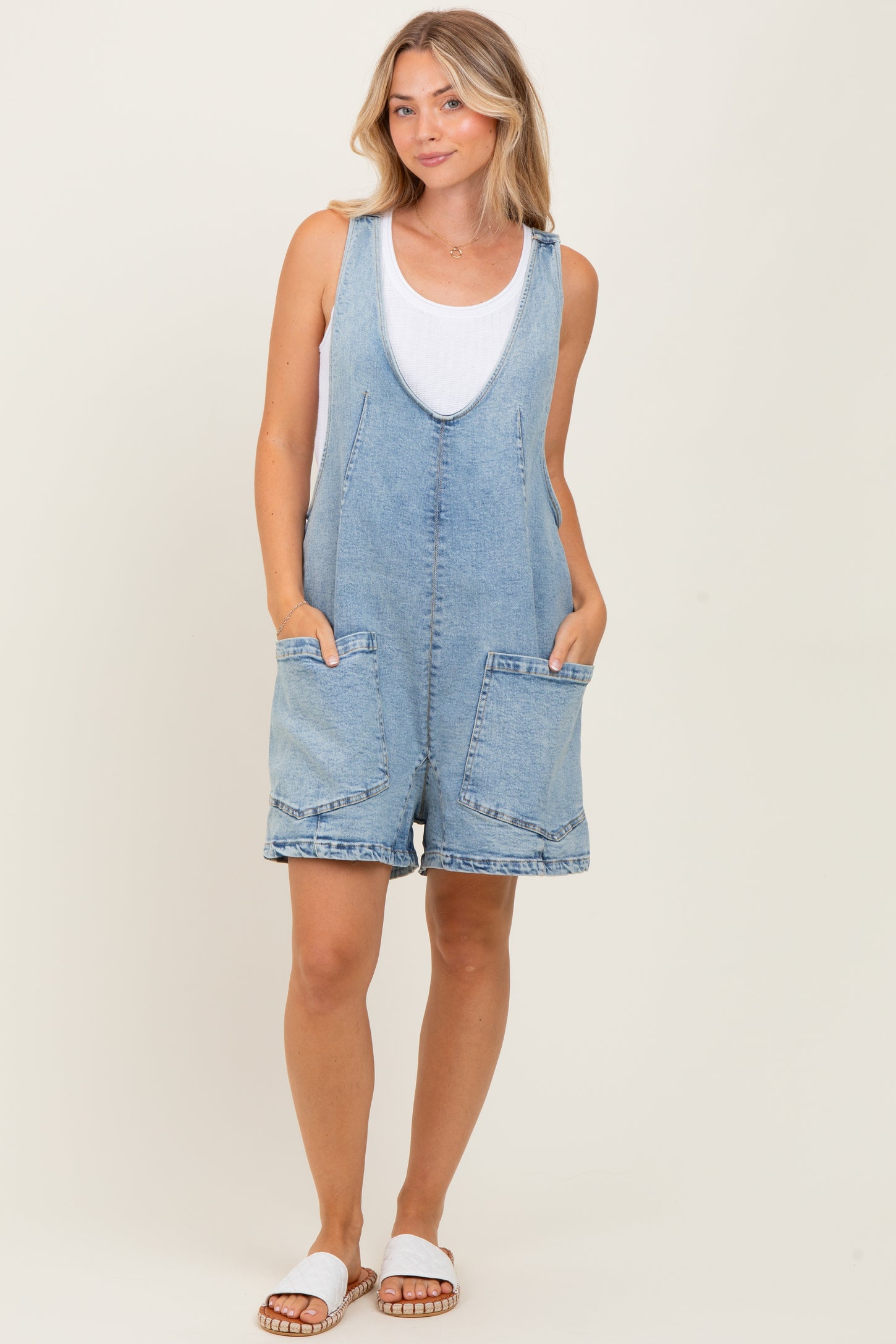 Light Blue Denim Scoop Neck Maternity Short Overall