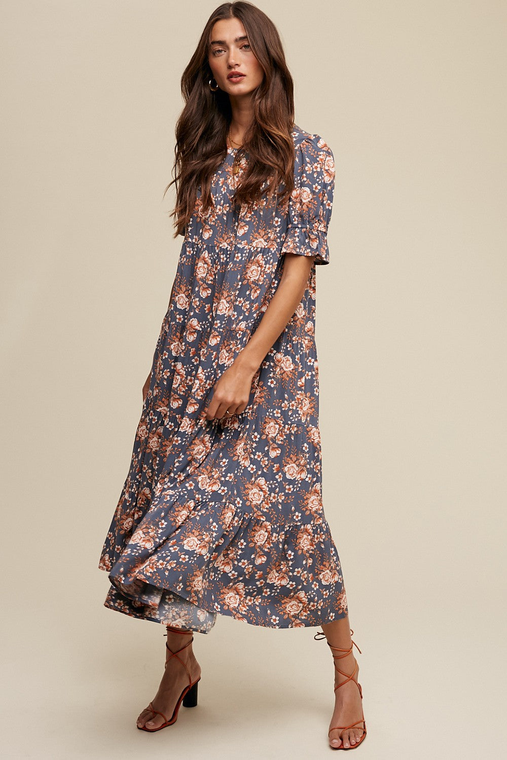 Blue Floral Ruffle Short Sleeve Tiered Maternity Midi Dress