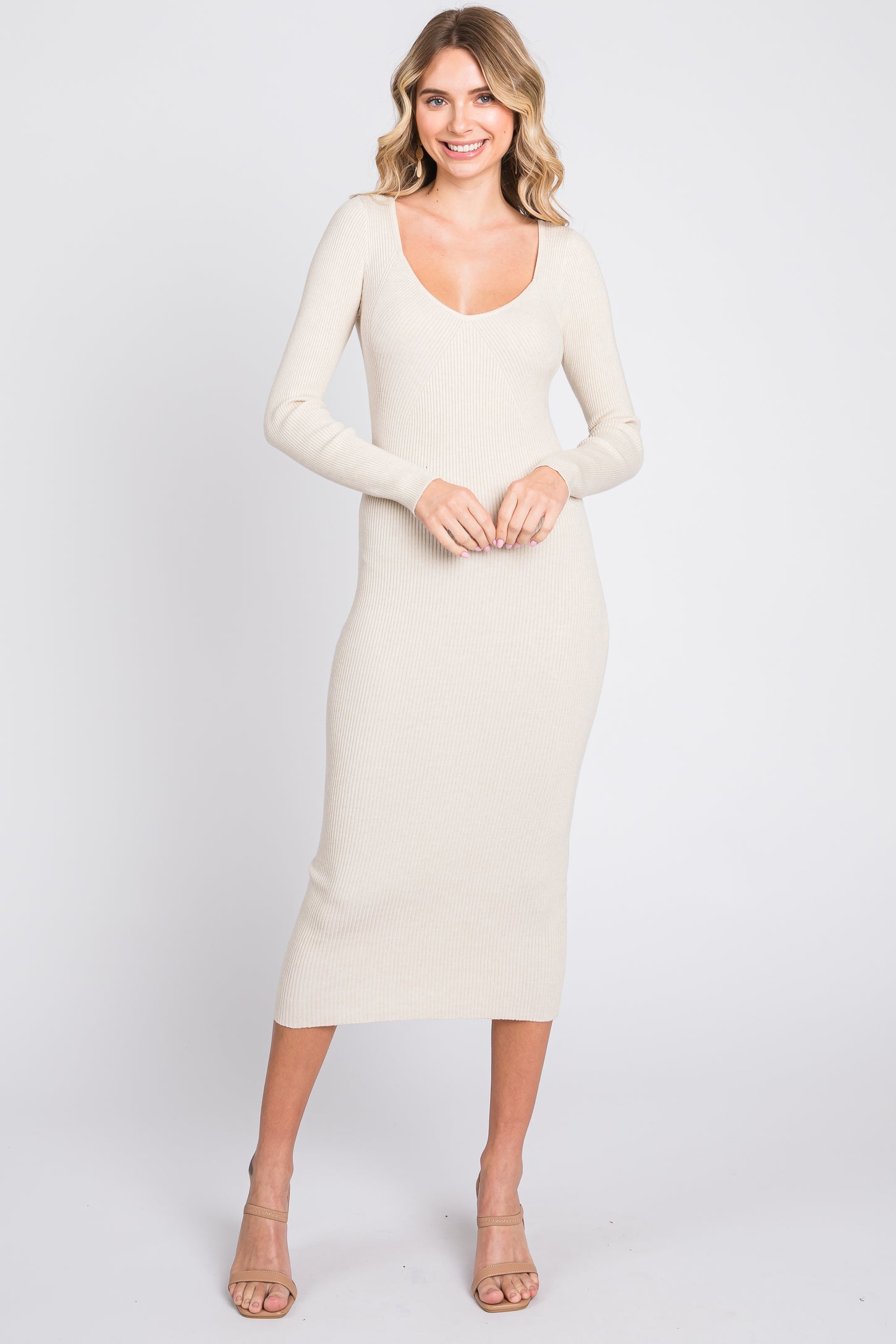 Cream Ribbed Long Sleeve Maternity Midi Dress – PinkBlush