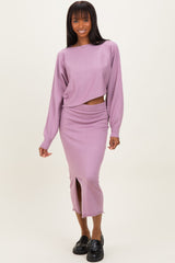 Mauve Knit Long Sleeve Crop Top Maternity Midi Skirt Set