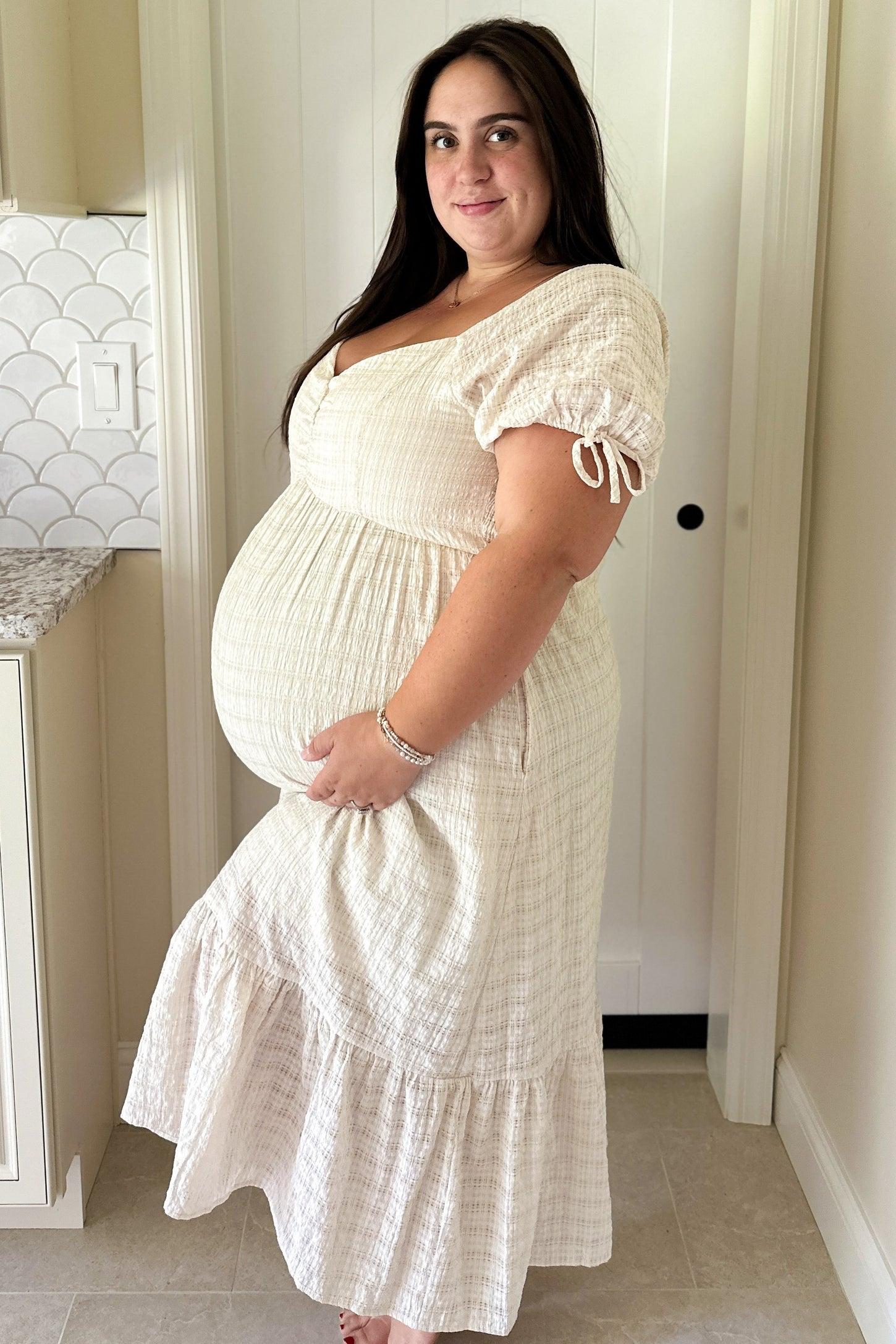 Ivory Textured Plaid Puff Short Sleeve Maternity Midi Dress