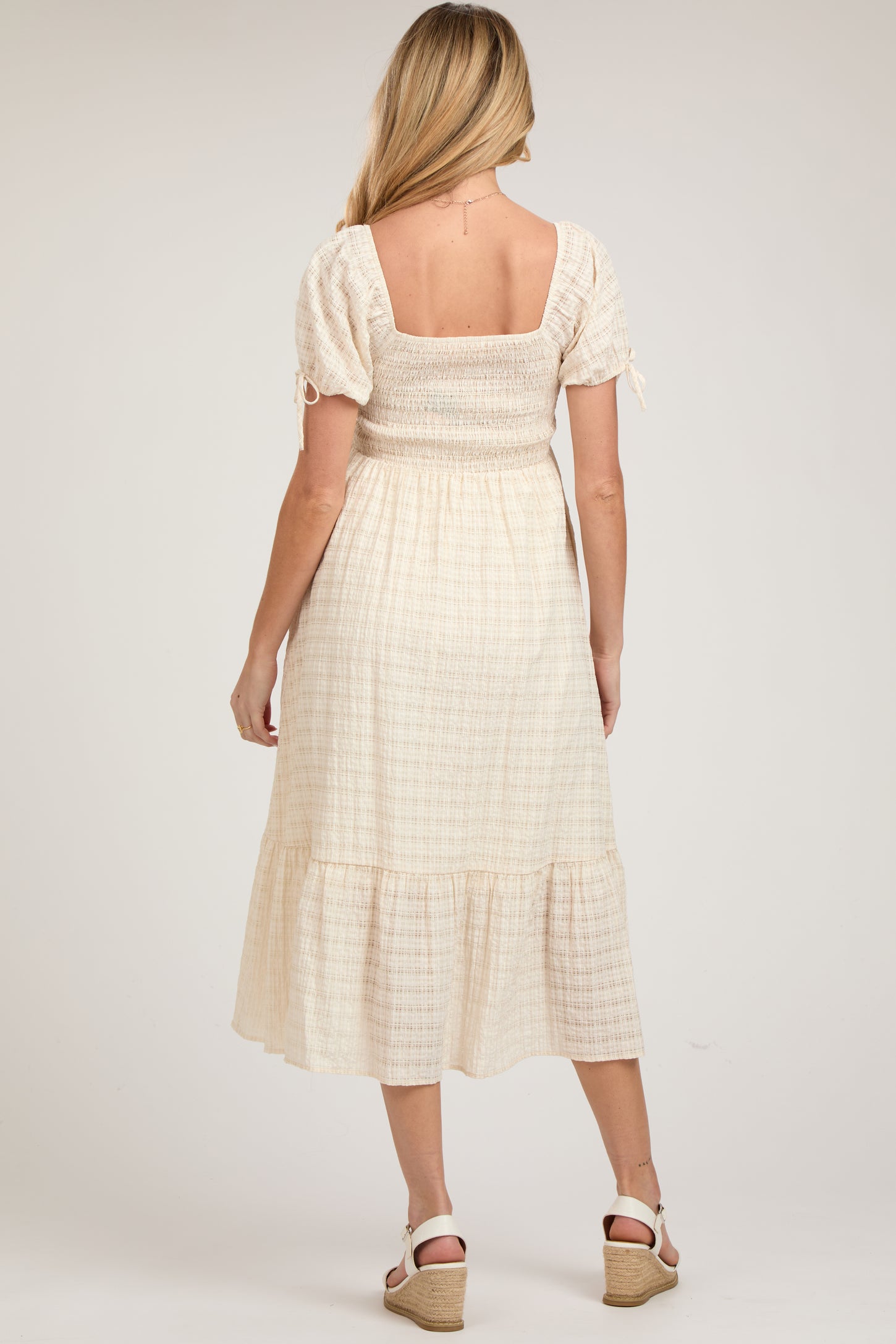 Ivory Textured Plaid Puff Short Sleeve Maternity Midi Dress