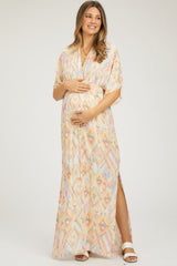 Ivory Printed Deep V-Neck Maternity Maxi Dress