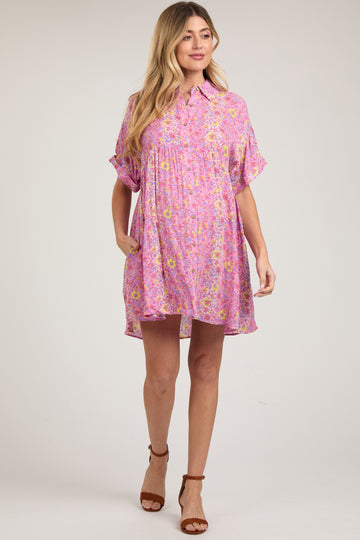 Pink Floral Button Down Maternity Dress