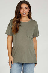 Olive Mineral Wash Front Pocket Short Sleeve Maternity T-Shirt