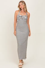 Ivory Striped Twist Front Halter Maternity Midi Dress