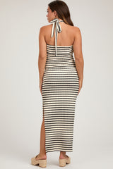 Ivory Striped Twist Front Halter Maternity Midi Dress