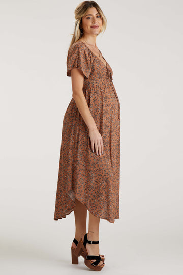 Mocha Floral Front Ruched Tie Maternity Midi Dress