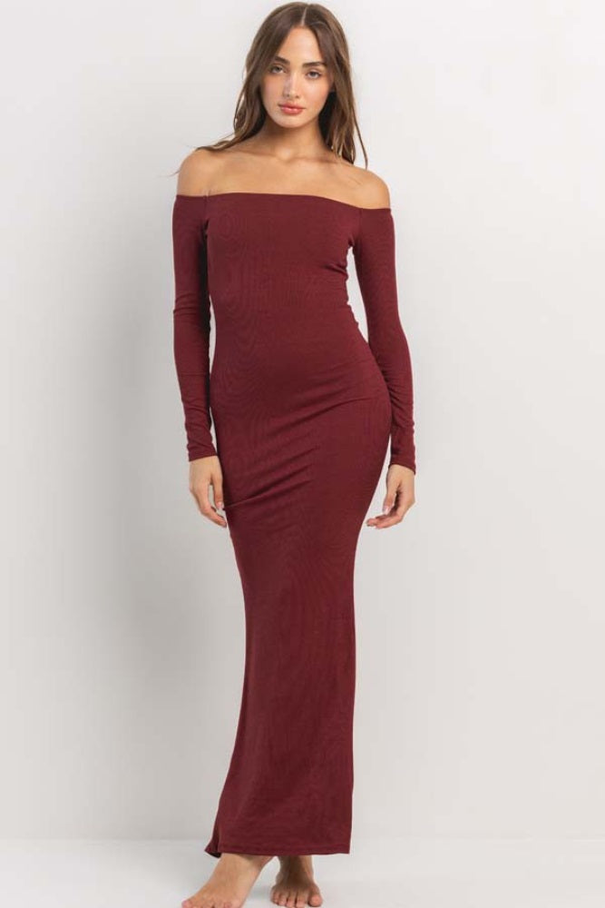 Burgundy Ribbed Off Shoulder Long Sleeve Maxi Dress