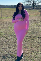 Pink Ribbed Long Sleeve Square Neck Maternity Maxi Dress