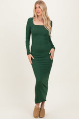 Forest Green Ribbed Long Sleeve Square Neck Maxi Dress