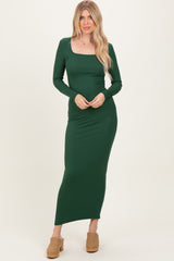 Forest Green Ribbed Long Sleeve Square Neck Maxi Dress