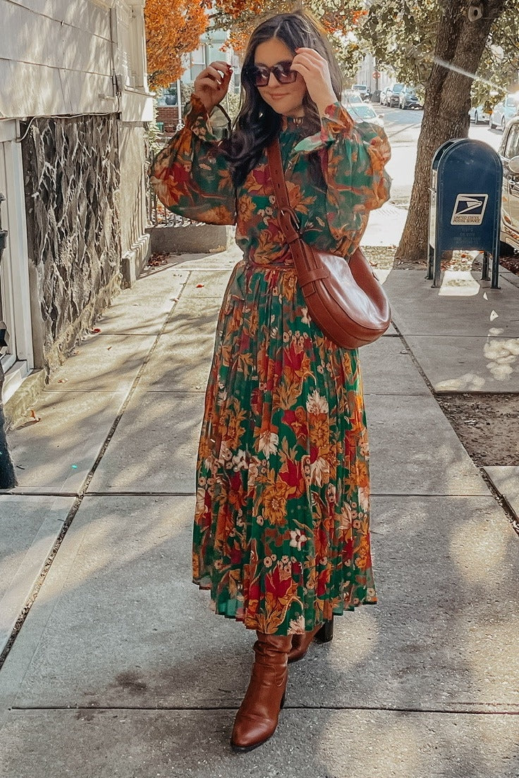 Dark Green Floral Textured Midi Dress