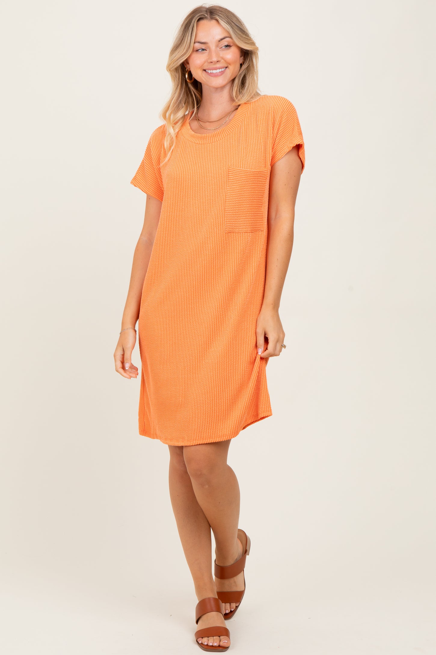 Orange Ribbed Front Pocket Dolman Short Sleeve Maternity Dress