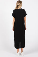 Black Ribbed Short Sleeve Midi Dress