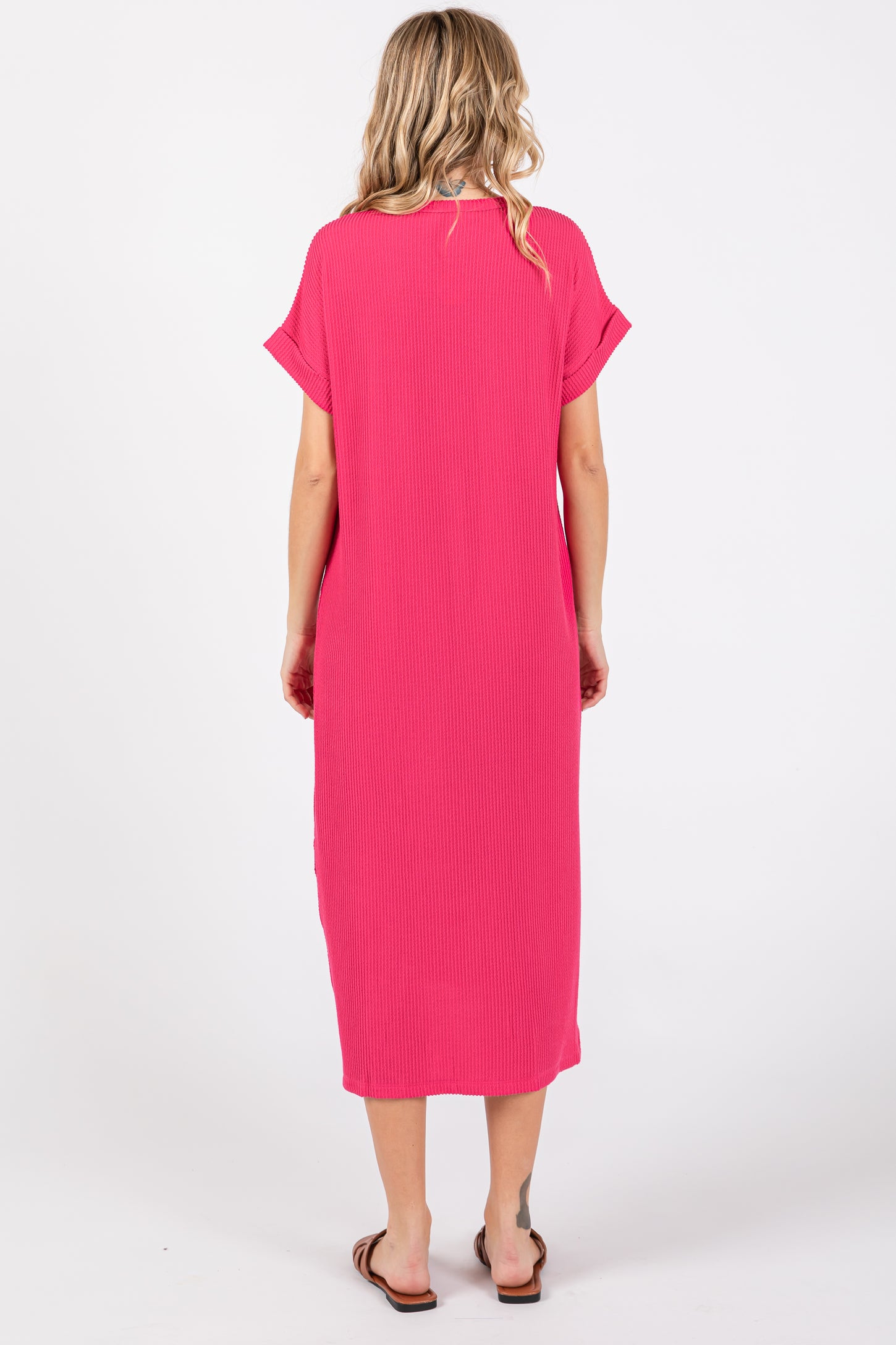 Fuchsia Ribbed Short Sleeve Midi Dress