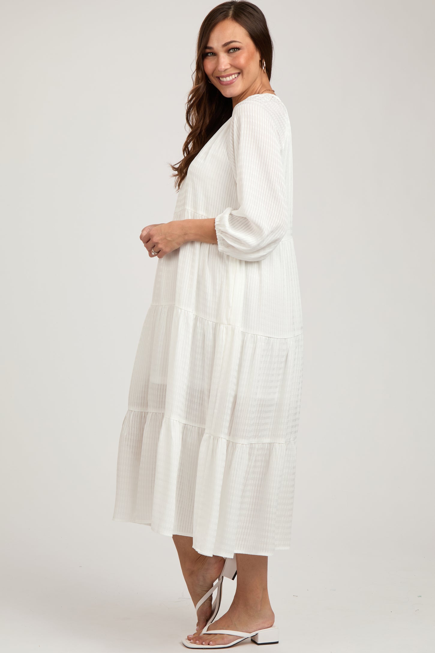 White Textured Tiered Maternity Midi Dress