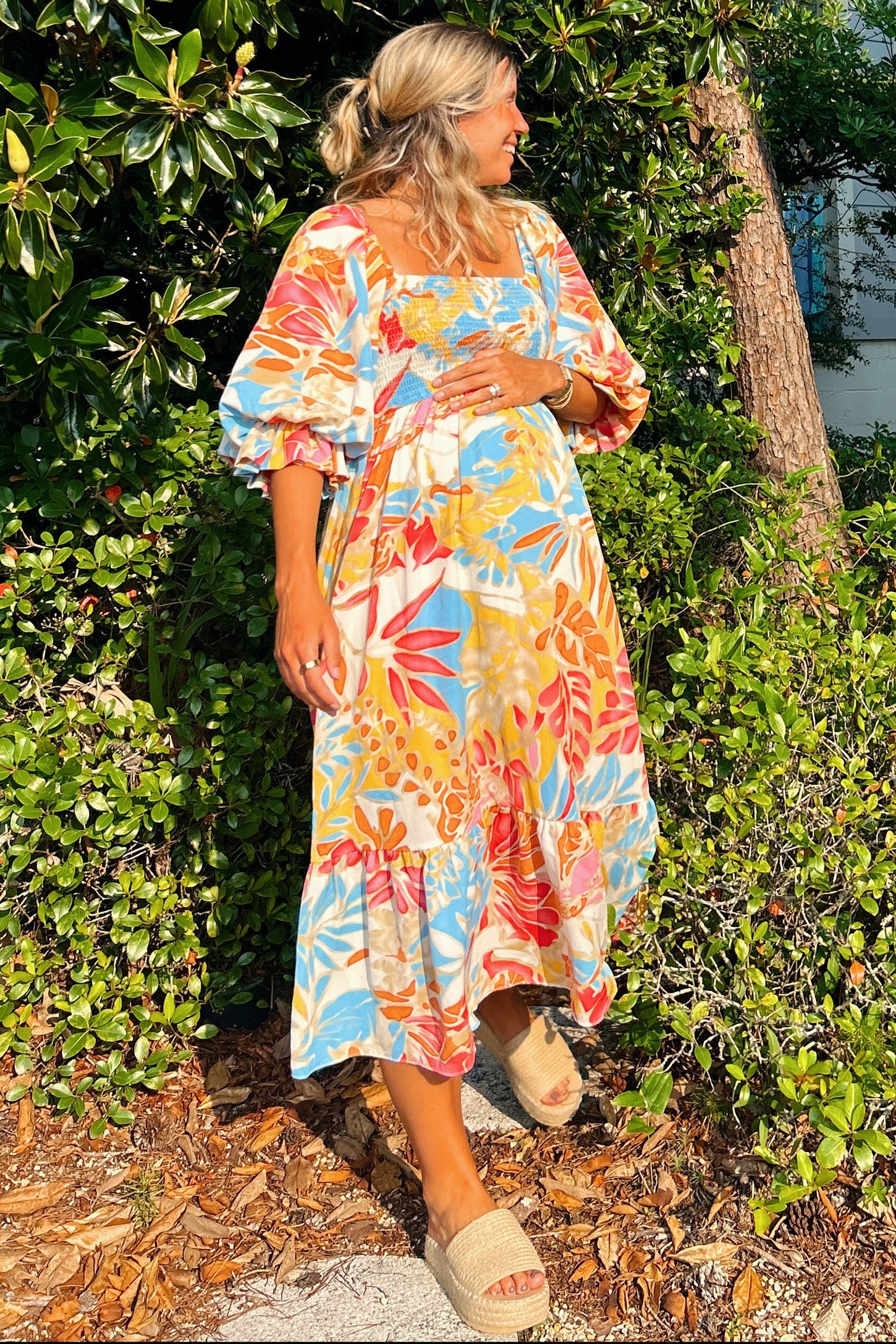 Fuchsia Leaf Print Puff Sleeve Smocked Maternity Midi Dress