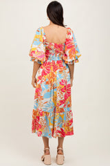 Fuchsia Leaf Print Puff Sleeve Smocked Midi Dress