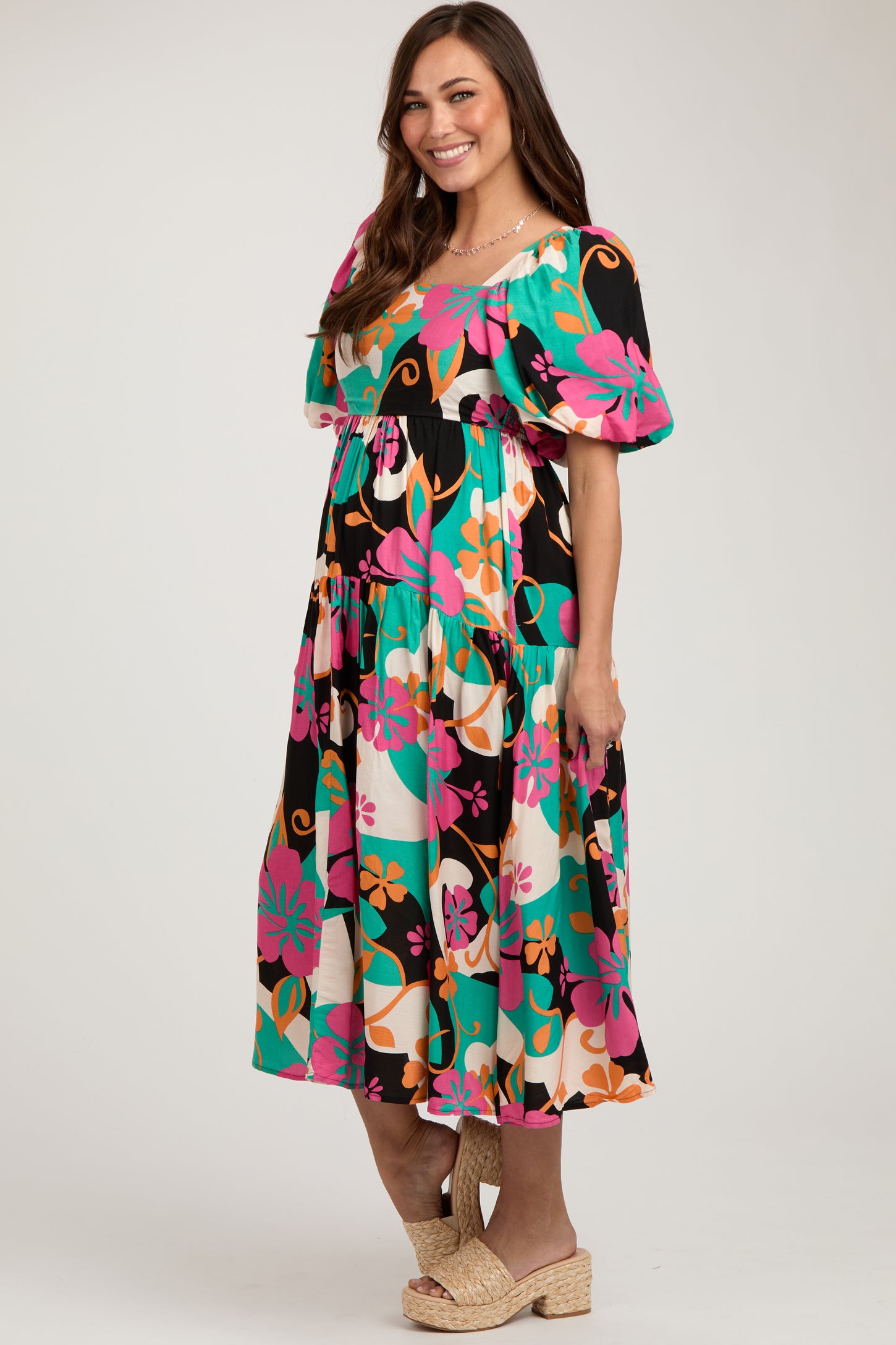 Black Floral Tiered Puff Sleeve Maternity Midi Dress