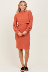 Rust Rib Knit Mock Neck Nursing Dress