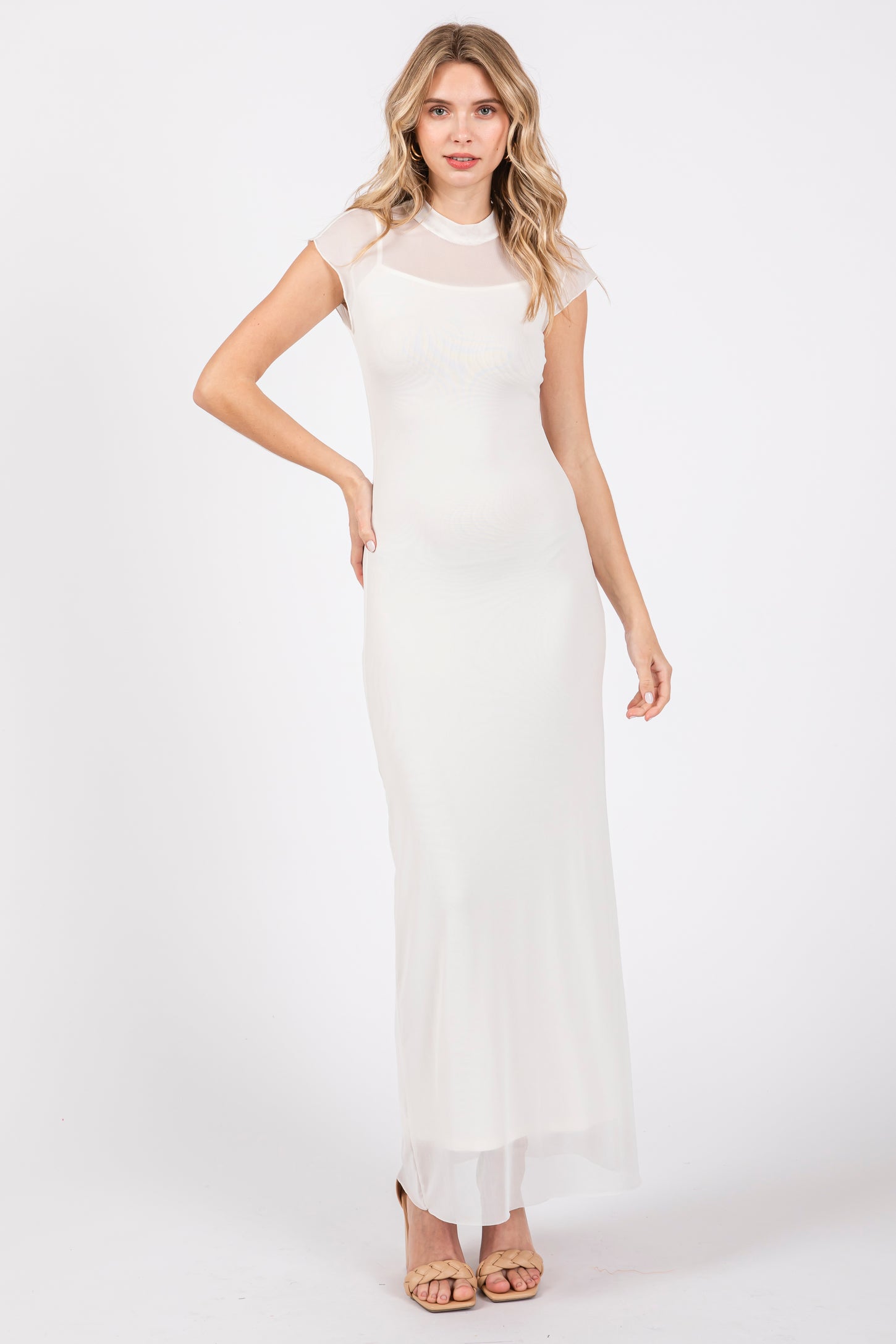 Ivory Mock Neck Sleeveless Mesh Maternity Midi Dress