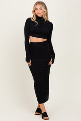 Black Mock Neck Long Sleeve Crop Maternity Midi Skirt Set