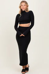 Black Mock Neck Long Sleeve Crop Midi Skirt Set